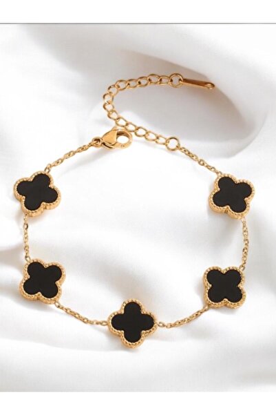 Merand Gold Black Color 5-Piece Double-Sided Clover Steel Chain Bracelet