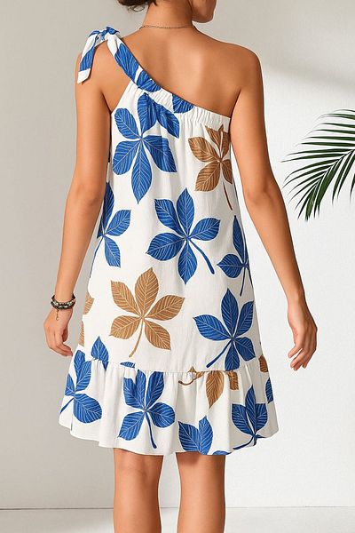 Know Rochie de damă Sax albastru-alb cu model floral, cu un singur umăr, cu volane