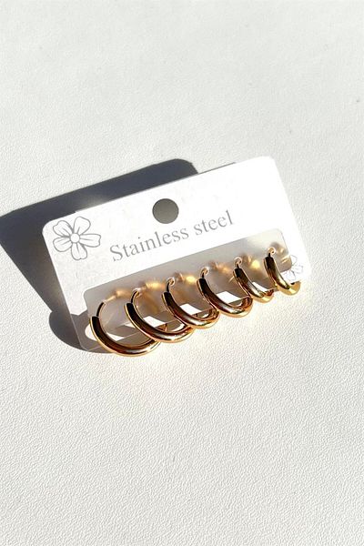 stainles steel Set of 6 Gold Color Steel Hoop Earrings