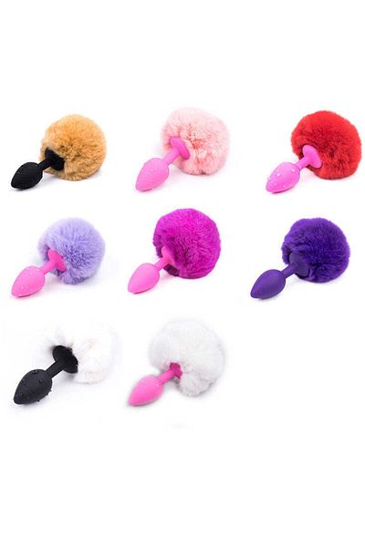 WildFashion Dop anal (Butt Plug) din silicon, accesorizat cu coada pufoasa de iepuras, Alb TOY401-2