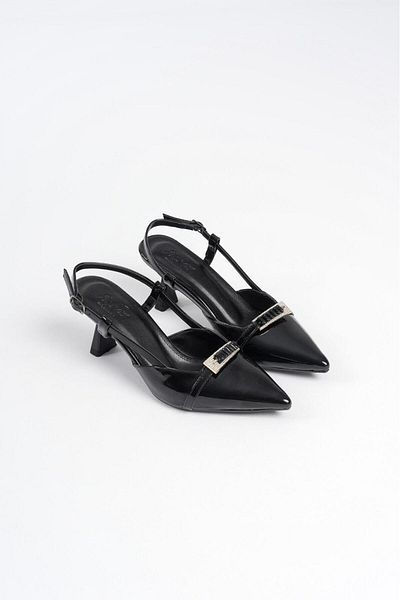 Griffa Women's Black Patent Leather Buckle Open Back Daily Comfortable Evening Dress Stiletto Heeled Shoes