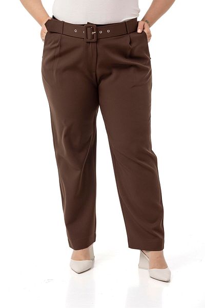 DISENTIS MODEST Plus Size Brown Trousers with Pleated Front Pockets and Belt