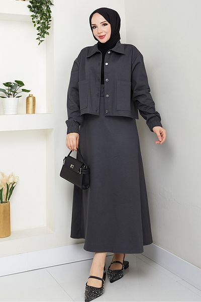 Bestenur Cerza Jacket Skirt Double Set 1534 - Anthracite