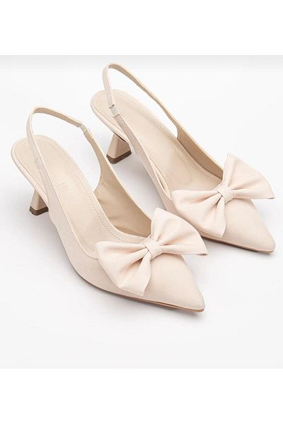 Griffa Women's Beige Cream Skin Fabric Bow Open Back Daily Casual Evening Dress Stiletto Heeled Shoes