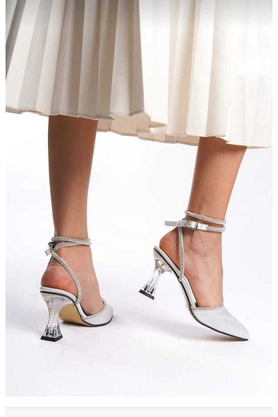 moda gim Silver Seten Ankle Strap Women's Shoes with Stone Heels