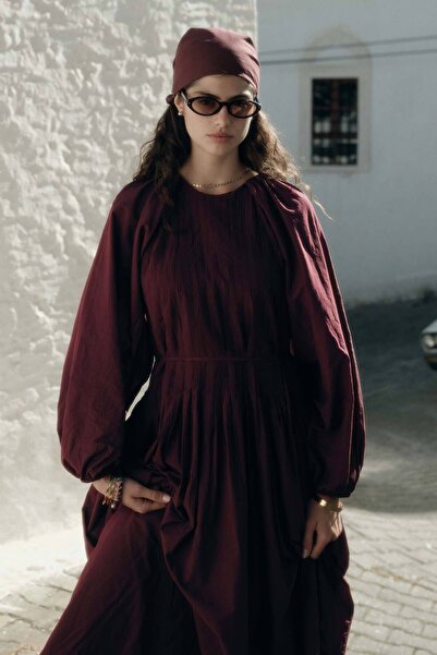 Hooopstore Ribbed Cotton Voile Burgundy Dress
