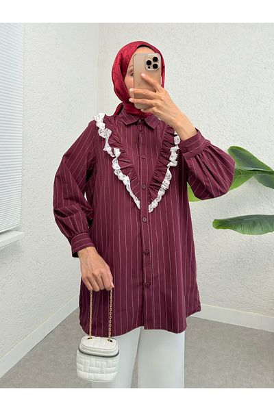 Modamorfo Cămașă cu dungi cu volane și dantelă în față cu nasturi - Bordeaux