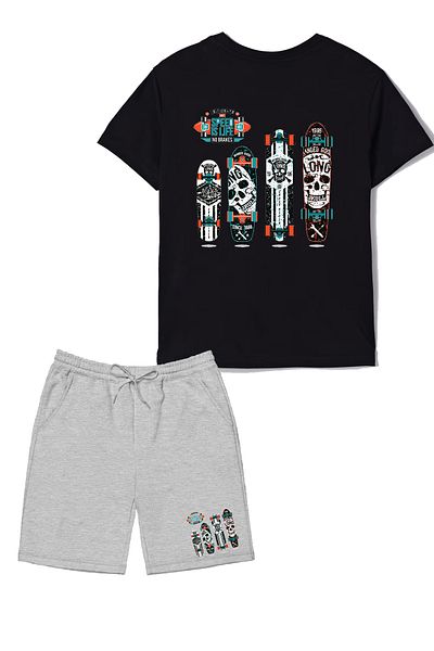 makiteks Set of 2 Printed Boys' Cotton Shorts Tshirt Suit Skate 5 6 7 8 9 10 11 12 13 14 Years Old T-Shirt