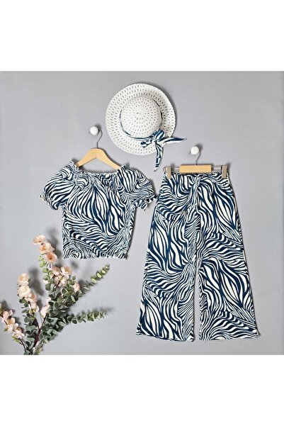 BLR KİDS Girl's Summer Water Pattern Suit with Hat Gift
