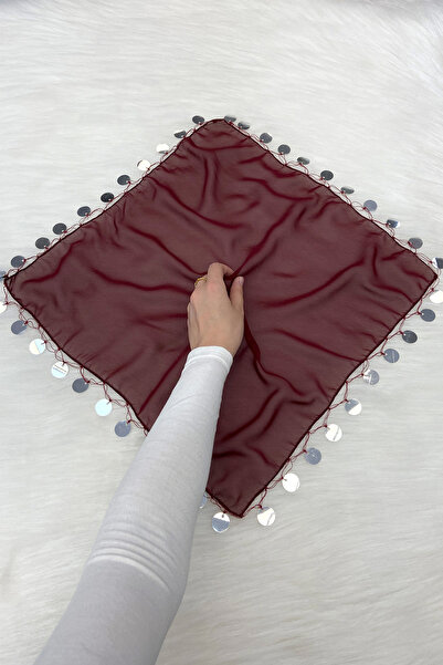 ZEYMERADE Büyük Boy Şifon Halay Mendili, 50x50cm Bordo Gümüş 5 Adet, Gelin Da...