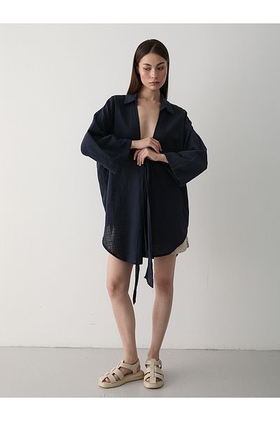Laluvia Marineblaues Flam-Leinen-Kimono-Hemd