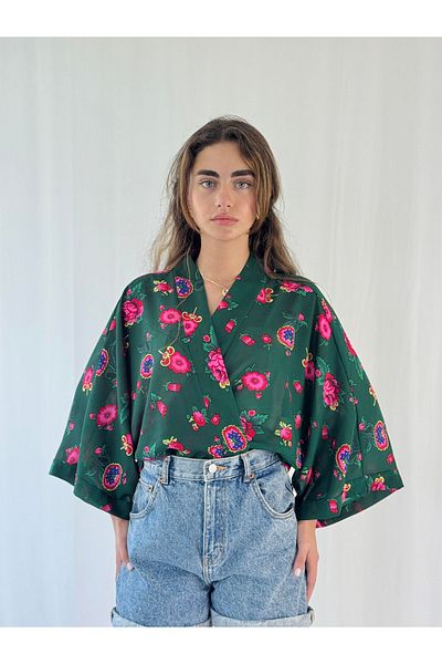 Retrobird Design șifon mini kimono femei verde închis