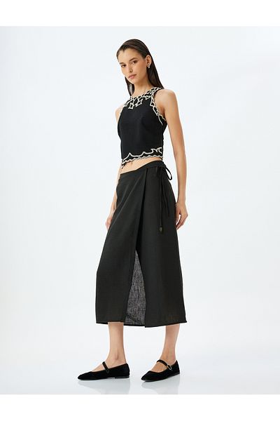Koton High rise tie detail midi skirt.