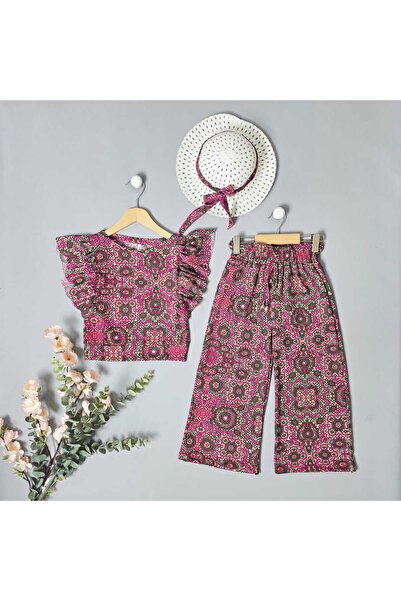 BLR KİDS Girl's Summer Ethnic Patterned Hat Bottom Top Suit