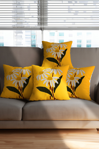 Ahsen Dekoratif Embroidery Patterned Daisy and Flowers Digital Print Luxury Velvet 4-Piece 43X43 Throw Pillow Case Set...