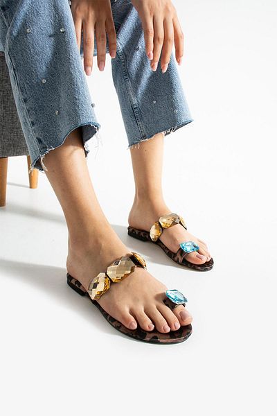 diclepolat Women's Montana Leopard Slippers Stone Detailed Flat Sole Flip Flops