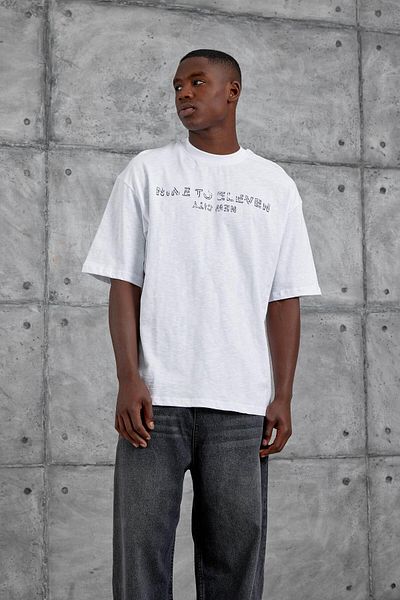 NOMARC Tricou oversize alb Nine To Eleven scris