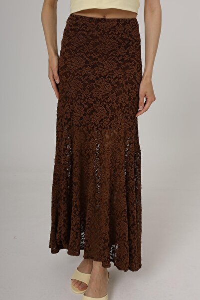 Le Savu Shilsee Women's Elastic Waist Brown Color Lace Skirt