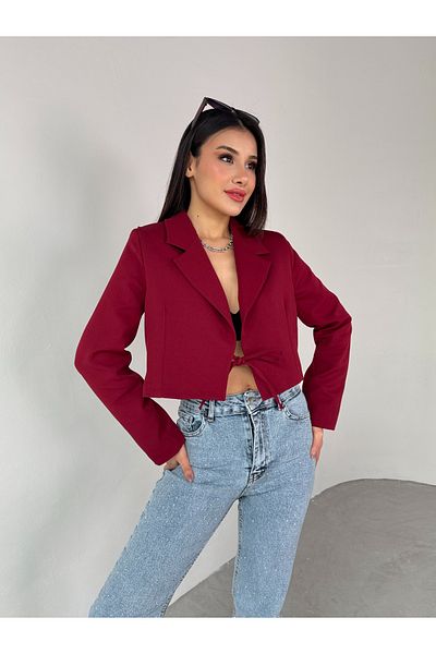 Cappmoda Ckt-12441 Burgundy Padded Front Tie Crop Jacket