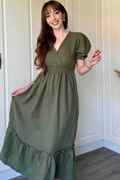 Dilay Gökoğlu Butik Müslin Kumaş Kısa Kol Midi Haki Elbise