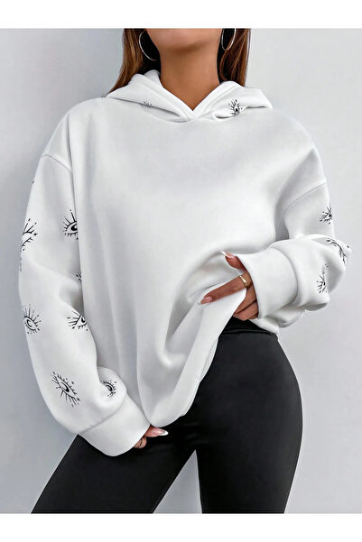 MARECASH 3 İplik Kapüşonlu Göz Baskılı Sweatshirt Unisex Oversize Kalın Kışlı...