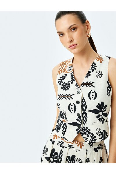 Koton Ethnic printed linen blend V-neck buttoned crop vest.