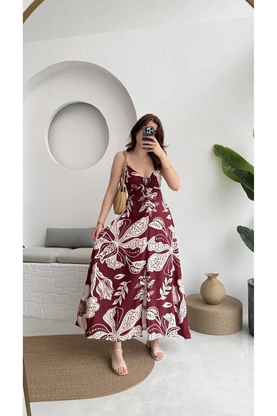 Ayinsu Floral Patterned Suspender Dress with Front Slit