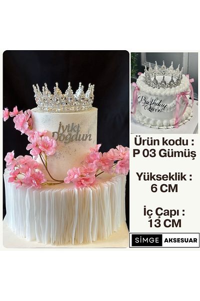 SimgeAksesuar Stylish and Elegant Birthday Cake Crown with Crystal Stone Silver Plated