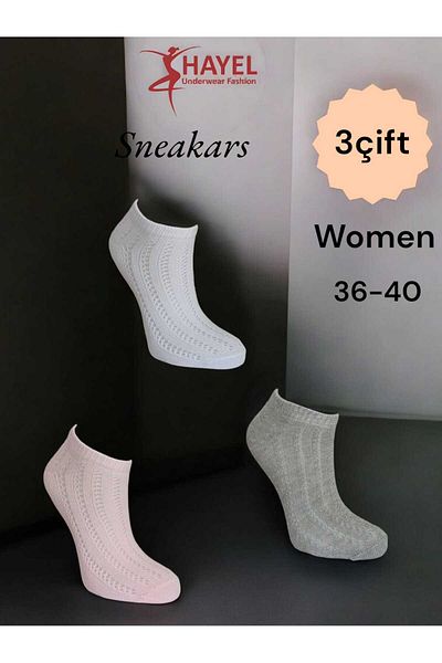 HAYEL 3 Pairs Multicolored Mesh Sneakers Chain Patterned Stylish Design High Quality Cotton Socks