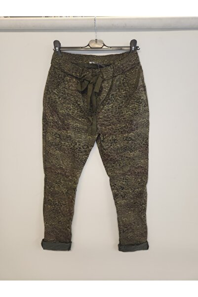 della moor Women's Khaki Italian Glitter Leopard Pattern Trousers