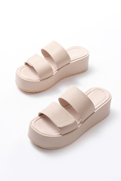 Aymood 861-1034 Beige Women's Slippers with Snap Fastener and Wedge Heel