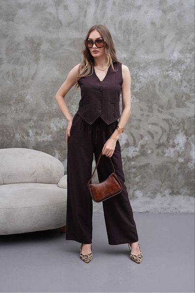 Stil Sepeti Women's Coffee Modal Fabric V-Neck Mini Vest Elastic Waist Pants Suit Epc-1000073