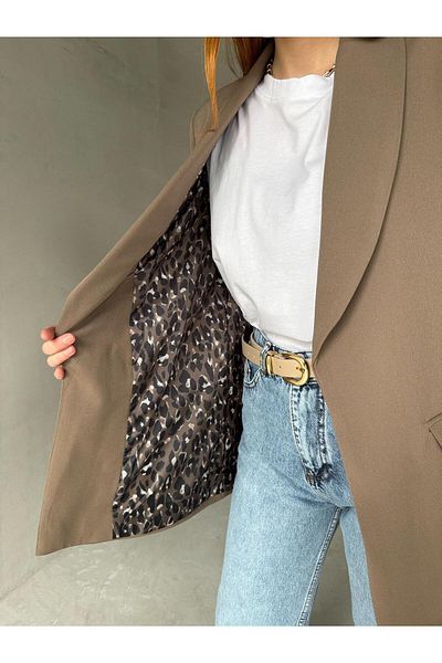 Cappmoda Ckt-12435 Brown Leopard Lined Padded Double Breasted Collar Blazer Jacket