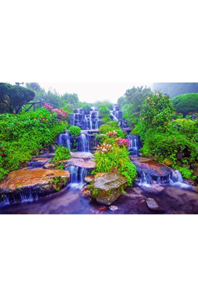 media Fototapet autocolant Cascada50 Cascada din gradina cu flori, 350 x 200 cm