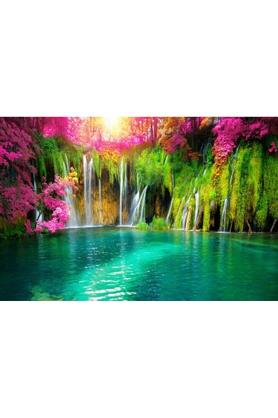 media Fototapet de perete autoadeziv si lavabil Cascada53 Cascada din padurea cu frunze roz, 250 x 200 cm