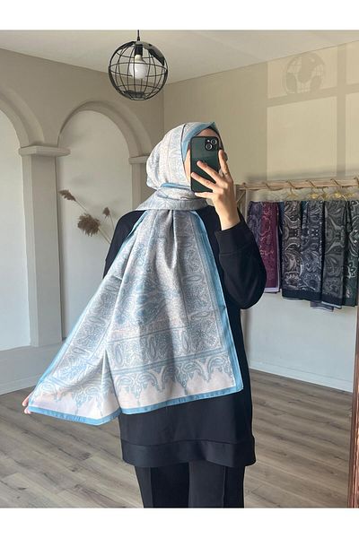 Merwiss Şal Aronya Soft albastru-bej cu model