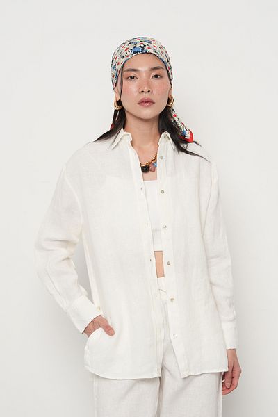 Orfeo Negro Women's 100% Linen Shirt with Button Detail on the Sides