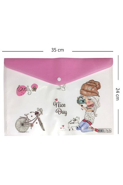 Limmy Girl on a Bicycle Pink Patterned Snap Envelope File - 1 Piece