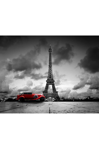 media Tablou canvas Turn Eiffel, masina rosie retro, alb-negru, 60 x 40 cm