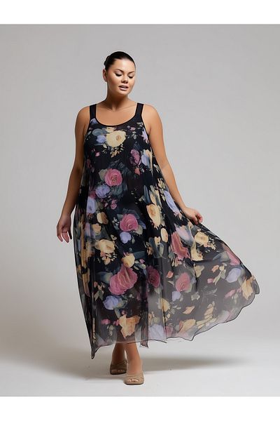 Hanezza Rochie de vară elegantă din tul și șifon cu imprimeu floral