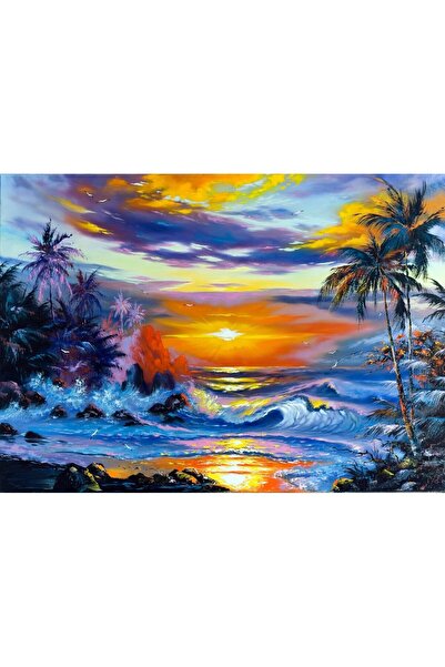 media Tablou canvas Mare, palmieri, apus, soare, pictura, 75 x 50 cm