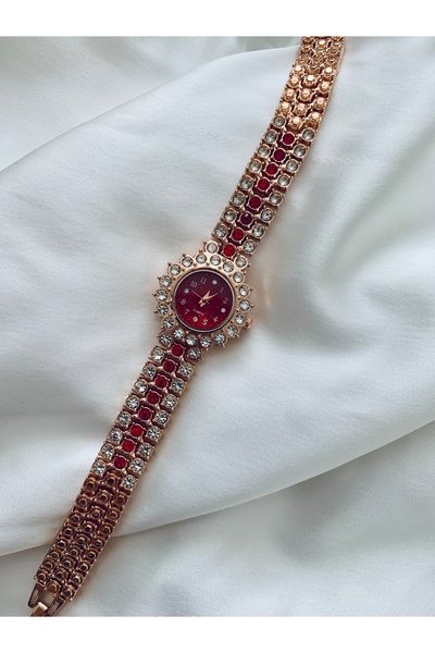 QUARTZ Kırmızı ve Gümüş Taşlı Şık Zarif Kadın Saa