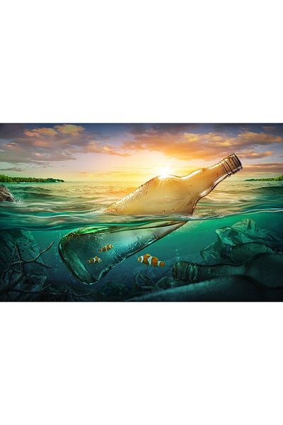 media Fototapet de perete autoadeziv si lavabil Compozitie60 Sticla, pesti, ocean, 400 x 250 cm