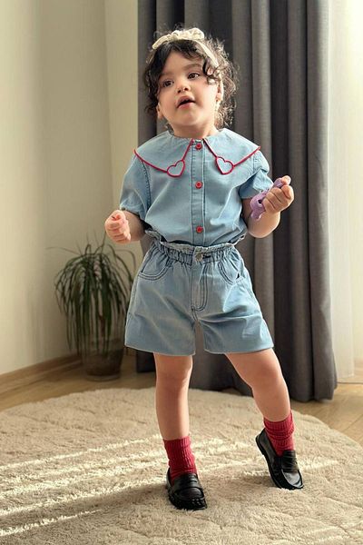 Minigimin Cicileri Set de 2 bucăți pentru fetiță cu model de inimă cu pantaloni scurți pentru fetiță - albastru deschis