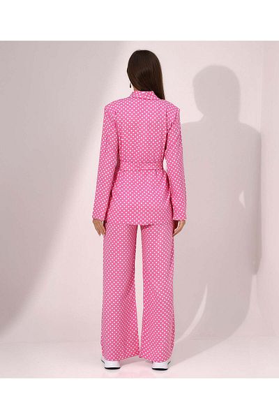 Stayele Pink Polka Dot Belted Long Sleeve Blazer and Wide-Leg Pants Set