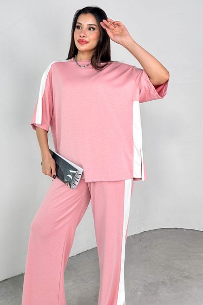 Cappmoda Tkm-13307 Oversize T-Shirt with Powder Stripe Detail & Loose Trousers with Pockets Double Set