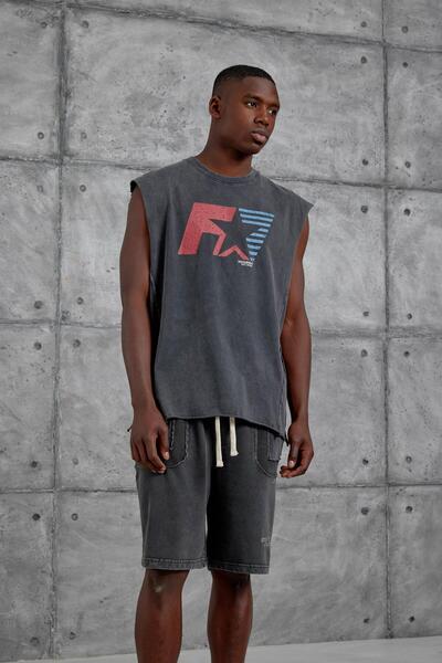 NOMARC Ανδρικό μπλουζάκι με στάμπα F, καπνιστό και πλυμένο, oversize