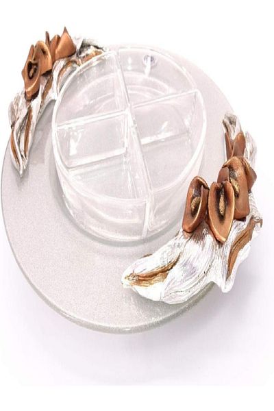 KITCHEN SOUQ Round Glass Tray with 4 Sections & Brown Flower Design Handles – Elegant Serveware