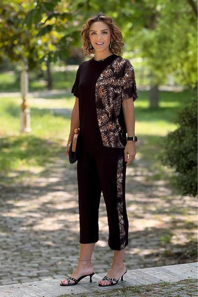Nevin Kaya Moda Black Tiger Patterned Cotton Capri Suit