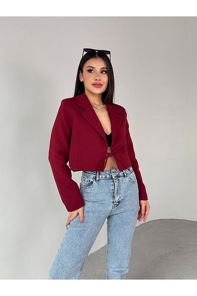 Cappmoda Ckt-12441 Burgundy Padded Front Tie Crop Jacket